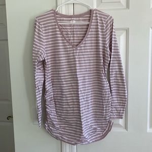 Maternity pink striped long sleeve v neck shirt